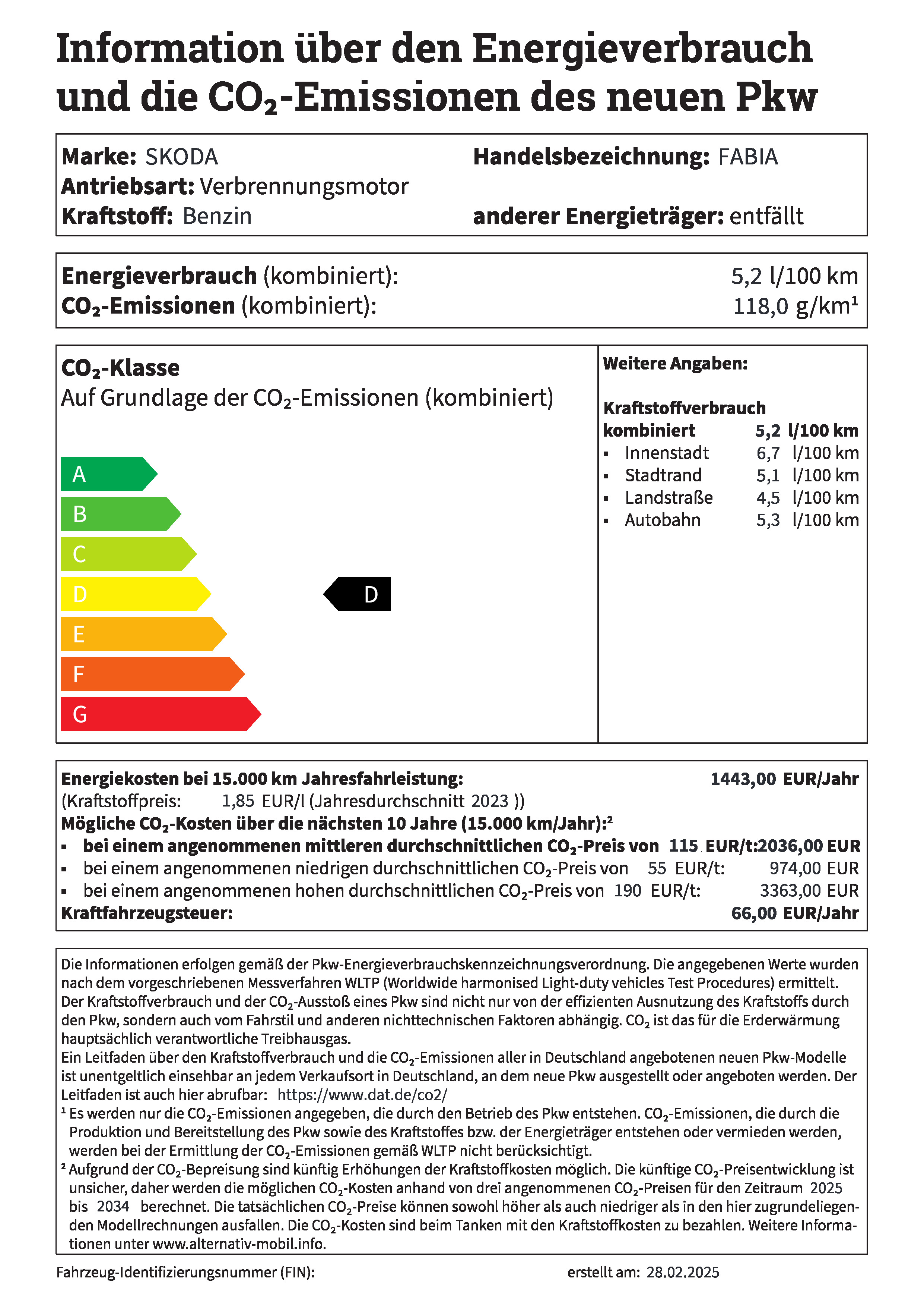 Information über den Energieverbrauch und die CO2-Emissionen neuer Pkw