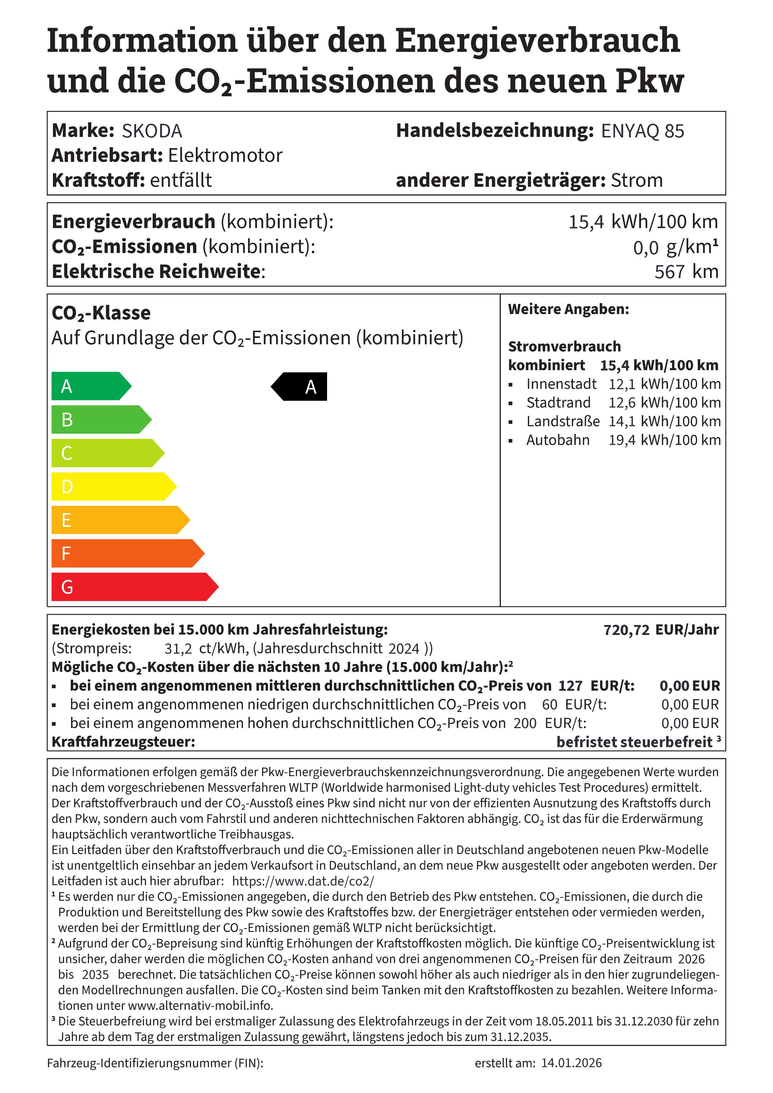 Information über den Energieverbrauch und die CO2-Emissionen neuer Pkw