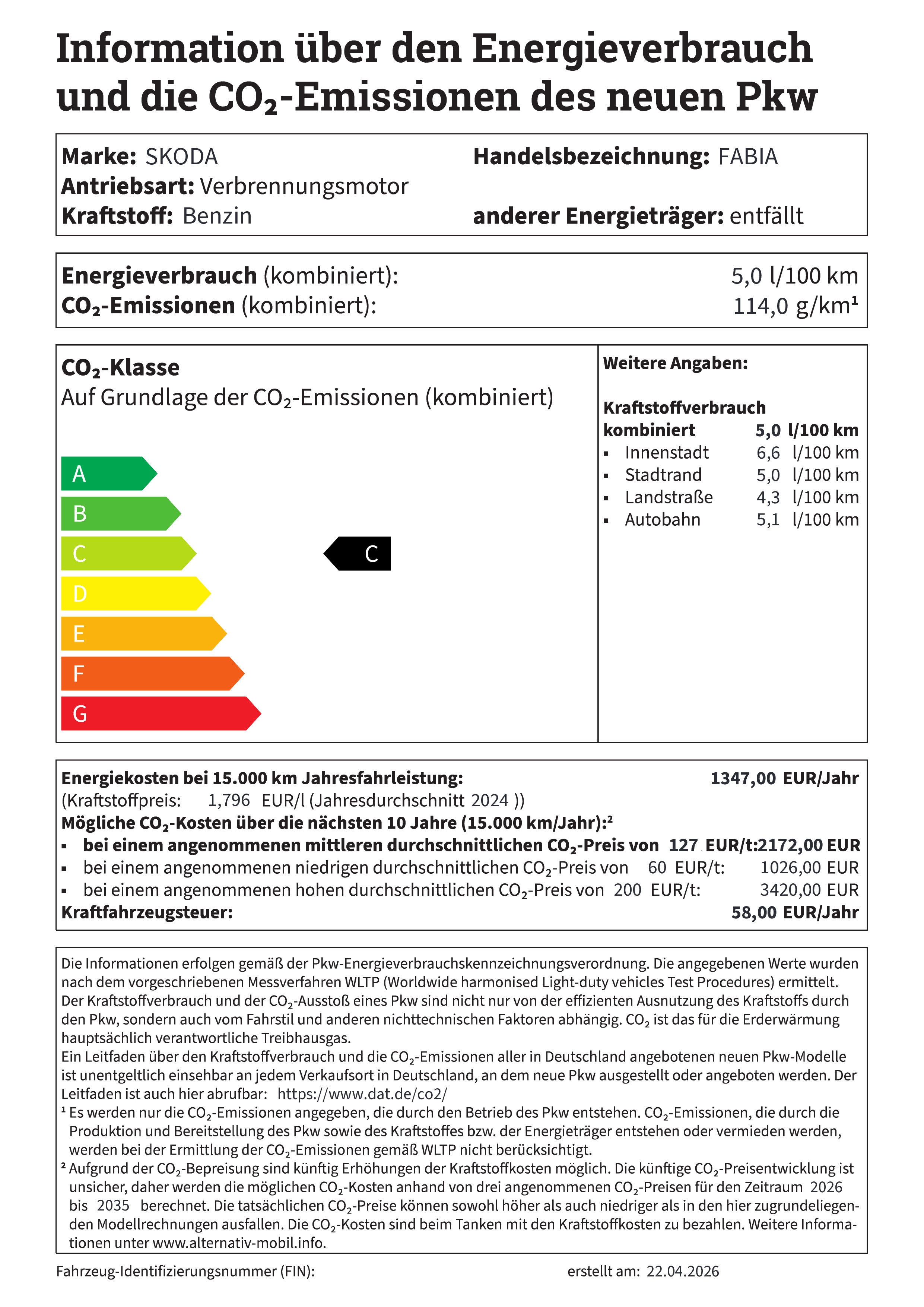 Information über den Energieverbrauch und die CO2-Emissionen neuer Pkw