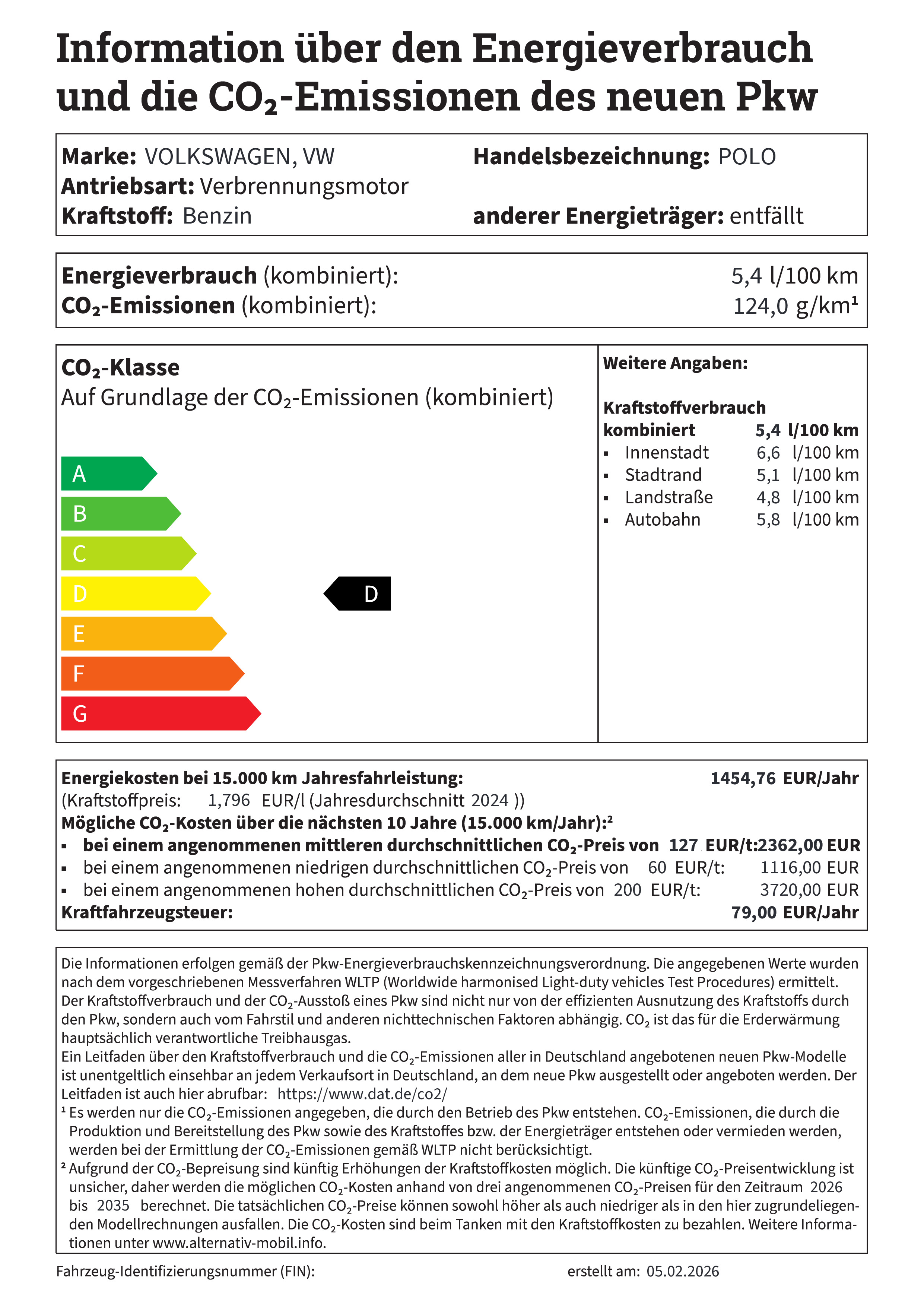 Information über den Energieverbrauch und die CO2-Emissionen neuer Pkw