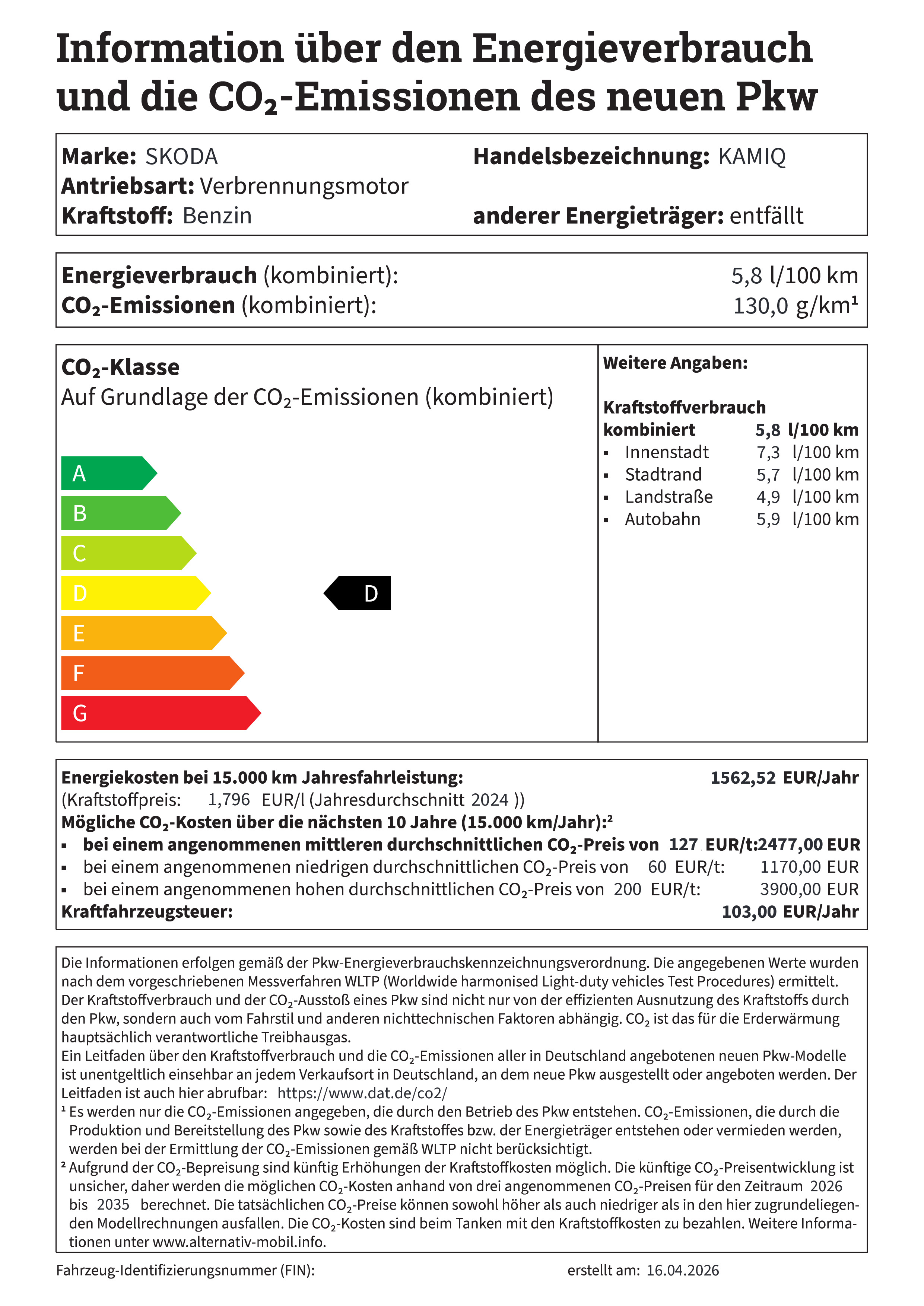 Information über den Energieverbrauch und die CO2-Emissionen neuer Pkw