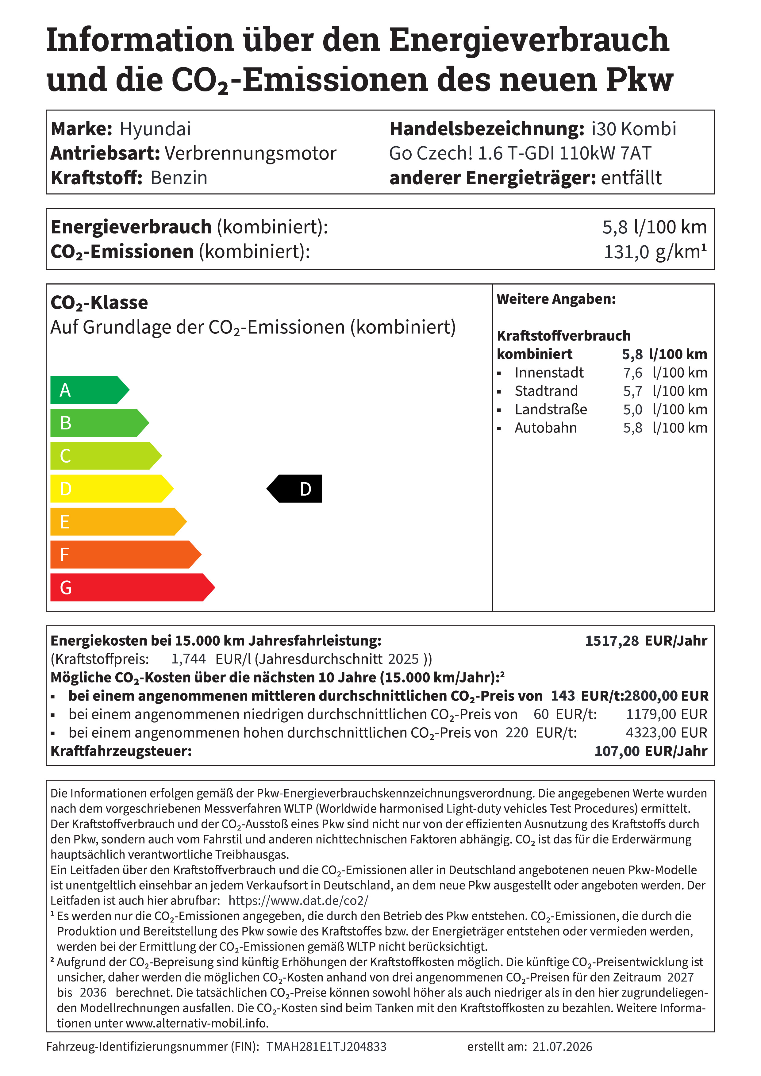 Information über den Energieverbrauch und die CO2-Emissionen neuer Pkw