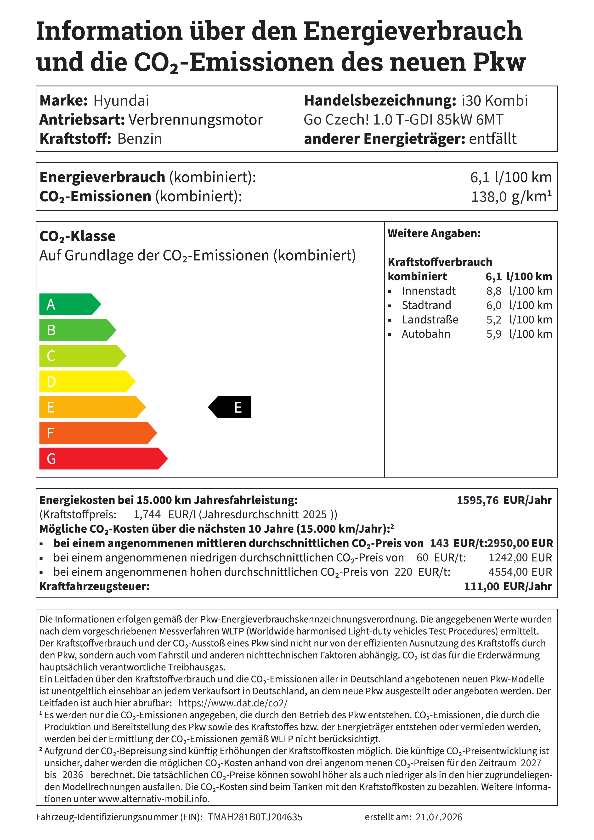 Information über den Energieverbrauch und die CO2-Emissionen neuer Pkw
