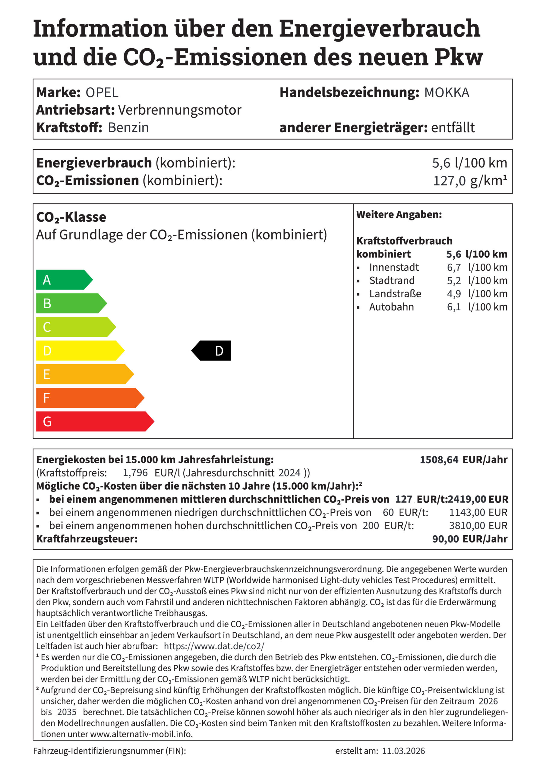 Information über den Energieverbrauch und die CO2-Emissionen neuer Pkw